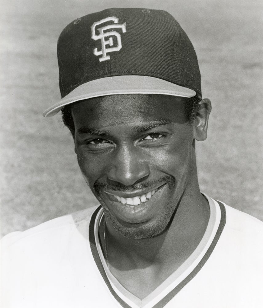 Head and shoulders portrait of Chili Davis in Giants uniform